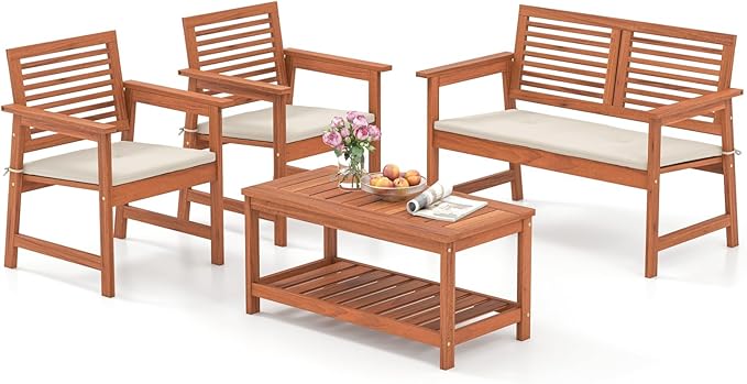 Tangkula 4 Piece Patio Conversation Set, Wood Sofa Set with Soft Seat Cushions, 2-Tier Rectangle Coffee Table, Outdoor Solid Wood Furniture Set for Poolside, Yard, Porch