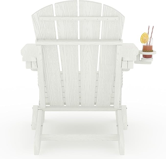 Folding Adirondack Chair Set of 5, All-Weather HDPE Outdoor Chair, Wooden Textured with Cup Holder for patios, Decks, Gardens, fire pits, White