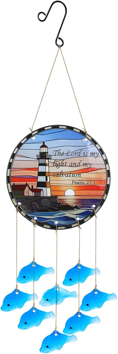 Sea Glass Fish Wind Chimes for Outside, Lighthouse Glass Windchimes Outdoors, Windchimes Outdoors Unique Suncatcher, Patio Beach Outdoor Home Garden Decor, Memorial Garden Christmas Decoration Gifts