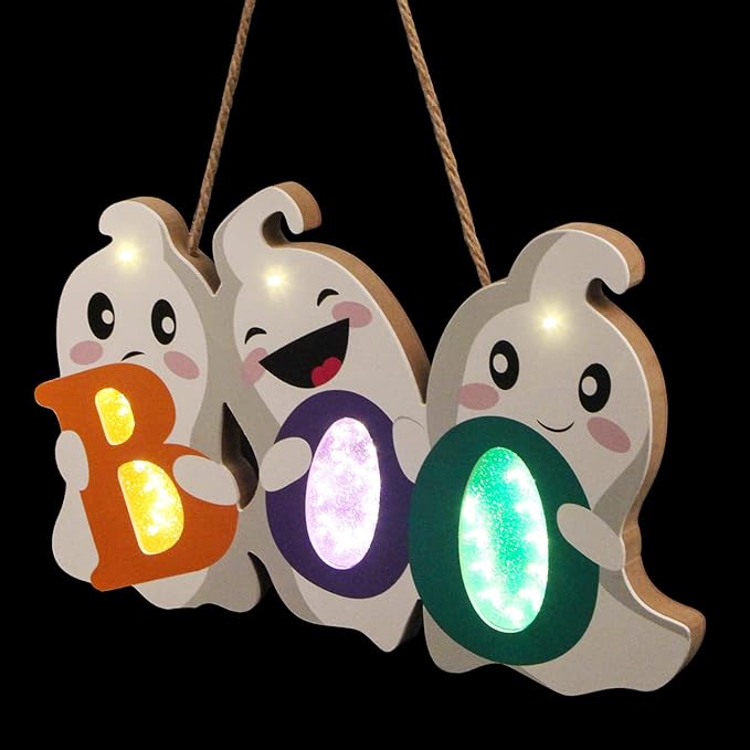 FINGOOO Halloween Door Decor Hanging Sign, BOO Ghost Halloween Door Hanger with Light for Front Door Decorations Outdoor