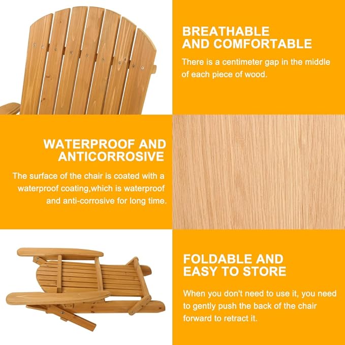 Outvita Wood Adirondack Chair Set of 2, Folding Wooden Lounge Seating, All Weather Outdoor Furniture Chair with Clearance Weather Resistant for Garden Fire Pit Yard Beach Campfire - Teak