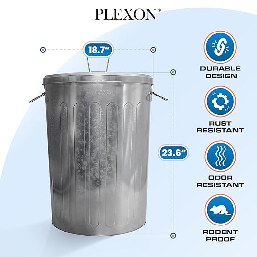 Plexon 20 Gallon Metal Trash Can with Lid Outdoor Galvanized Steel Large Garbage Can, 6 Pack