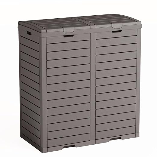 62 Gallon Outdoor Double Trash Can, Waterproof Trash Can Cabinet for Outside, Resin Garbage Bin with Lid and Drip Tray for Easy Cleaning for Patios, Kitchens, and Outdoor Entertaining（Light Gray）