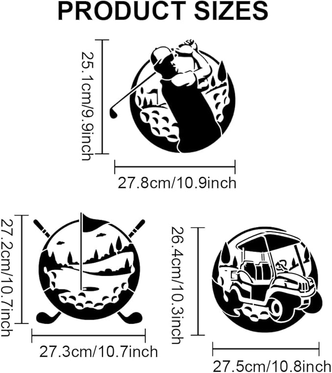 MAYJOYDIY 3-Pack Golf Stencils - 11.8x11.8in Golf Ball, Swing Border & Club Templates for Crafts, Wood, Wall, Fabric & Furniture