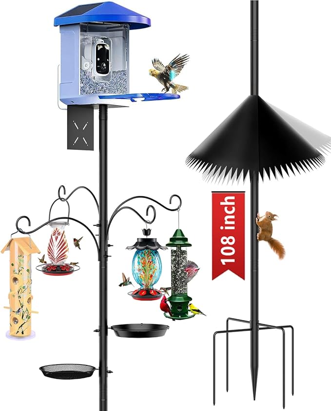 Bird Feeder Pole, 108 inch Bird Feeder Stand Station with Squirrel Proof Baffle, Outdoors Birdhouse Pole Heavy Duty, Metal Black