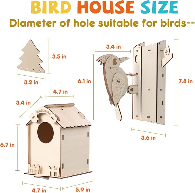 Paint Your Own BirdHouses, Wooden Painting Crafts Kits for Kids, Wooden Woodpecker Doorbell & DIY Bird House for Outside, Arts and Crafts for Kids Ages 8-12, Gifts for 8-12 Year Old Girls Boys