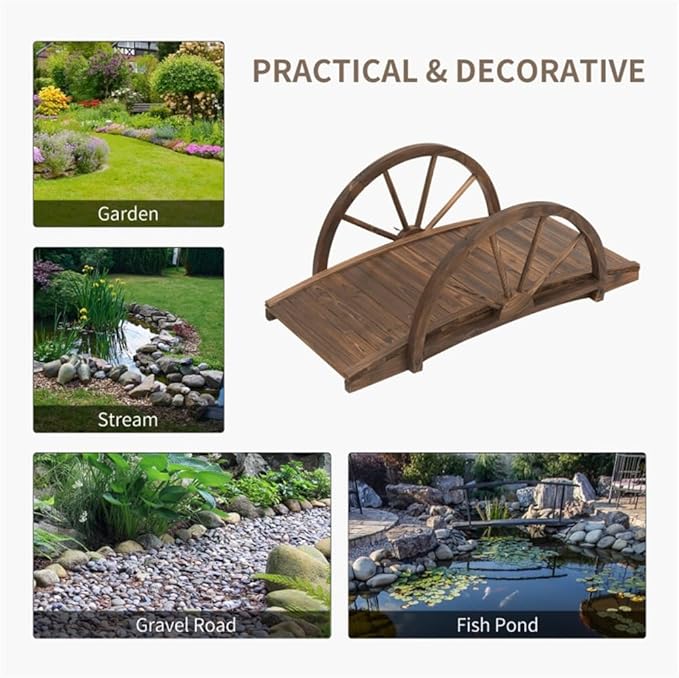 3.3FT Wooden Garden Bridge with Half-Wheel Style Railings, Decorative Landscape Footbridge for Yard, Pond, Farm or Creek - Rust-Resistant Fir Construction, Easy Assembly & 330LB Capacity
