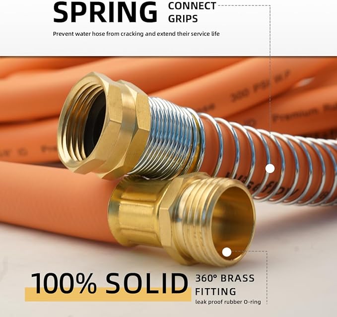 WiseFlow Garden Hose 50FT x 3/4", Heavy Duty Rubber Hose, Water Hose with Five Layered Braiding, Male Female Fittings, 1000PSI Burst, 300PSI Working (Orange)