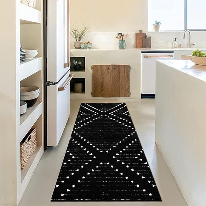 LIVEBOX Black Runner 2'x6' Boho Washable Rug for Hallway, Moroccan Woven Entryway Throw Area Rug Indoor Cotton Mat for Kitchen Laundry Room Bathroom Entry