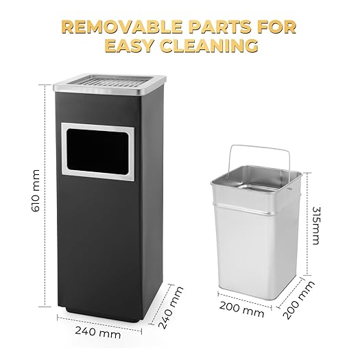 Trash Can Outdoor Waste Container Square Stainless Steel Trash Can with Removable Inner Bucket for Disposal Commercial Waste Container 9.45‘’ x 9.45‘’ x 24.02‘’-Black