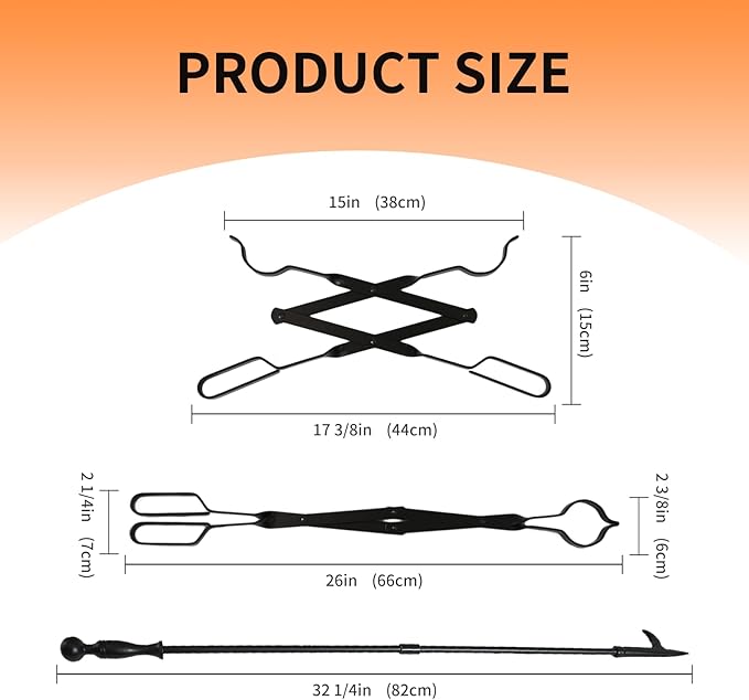 Heavy Duty 26'' Fireplace Fire Pit Campfire Tongs and 32'' Fire Pit Poker, Fireplace Tool Set, Portable Log Grabbers, for Fireplaces, Fire Pits, Campfires, Wood Stoves, Camping, Bonfires (Black)