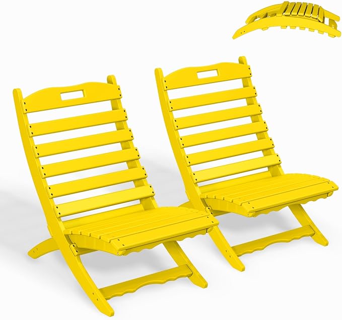 GREENVINES Folding-Xavier-Chairs Set of 2 | Wave | Portable Adirondack-Chair | HDPE Plastic | All Weather Fire-Pit Chair | Yellow | for Beach Outdoor Deck Poolside Garden Patio Porch Fishing