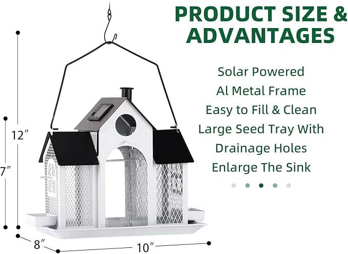 Solar Bird Feeder House for Outside Hanging, Large Capacity Birdhouse Bird Feeders Hanging for Outdoors, Metal Mesh Wild Birdfeeder for Finch Cardinal, White and Black