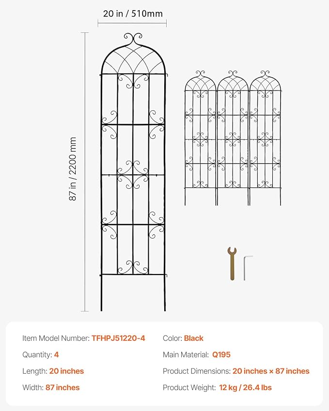 VEVOR Garden Trellis for Climbing Plants, 87 x 20 in, 4 Packs Rustproof Metal Garden Flower Rose Trellis, Outdoor Climbing Clematis Trellis Cucumbers Support for Courtyards Lawns