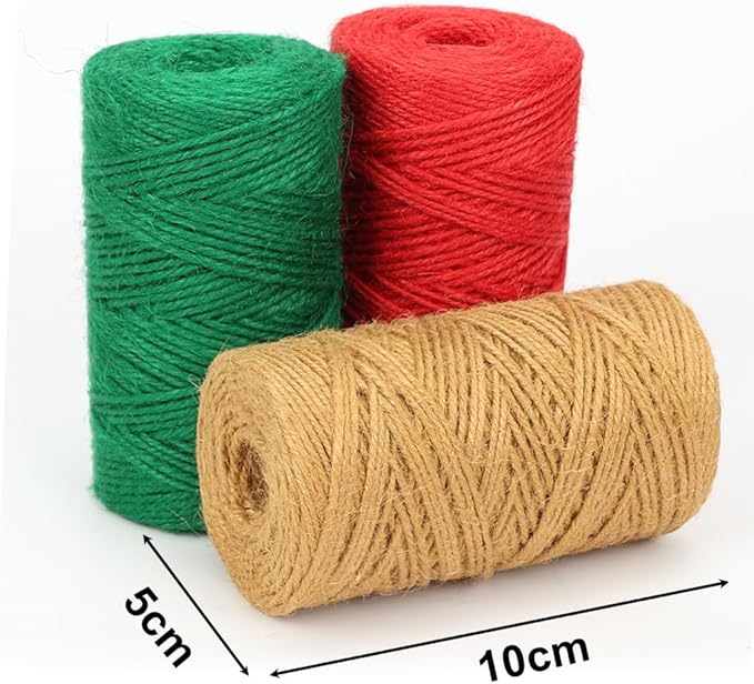 Tenn Well Colored Jute Twine, 3 Rolls 984 Feet 2mm Red Green Brown Jute String, Christmas Twine for Gift Wrapping, Holiday Decorations, Bundling, DIY Crafts