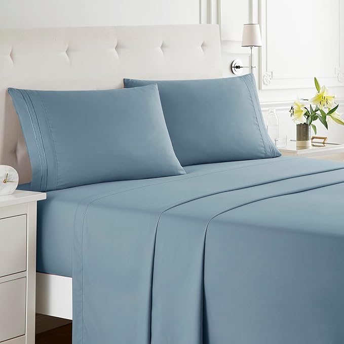 Clara Clark Bed Sheets, Premier 1800 Series Bed Sheet Set, Deep Pocket, Wrinkle, Fade, Stain Resistant, Luxury Soft Bedding Sheets & Pillowcases, Full, Stone Blue