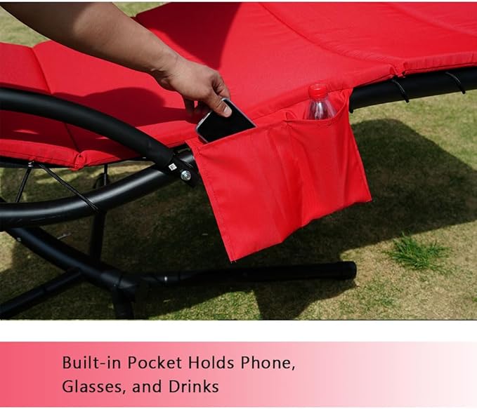 Outdoor Hanging Lounge Chair Cushion with Umbrella – High-Resilience Sponge, Side Pocket, Fade-Resistant, Patio Curved Chaise Hammock Swing Lounger Cushion Pad（Claret）