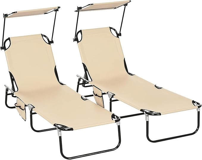 Outsunny Folding Chaise Lounge Pool Lounge Chairs Set of 2, Outdoor Sun Tanning Chairs with Canopy Shade, Reclining Back, Steel Frame and Side Pocket for Beach, Yard, Patio, Tan