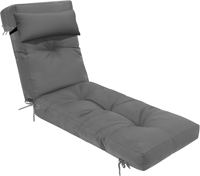 Waterproof Lounge Chair Cushion Outdoor for Chairs, Fade Resistant Patio Lounger Replacement Chaise Cushions with 6 Ties, Thickened Memory Foam Pool Chaise Chair Cushions, 76x22x4.7 Inches Bright Gray