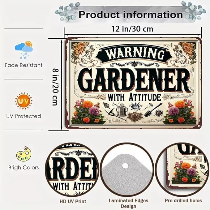Funnysign Garden Gifts Warning Gardener with Attitude Vintage Tin Sign for Home Garden Patio Yard Decor 8 X 12 Inch (3984)