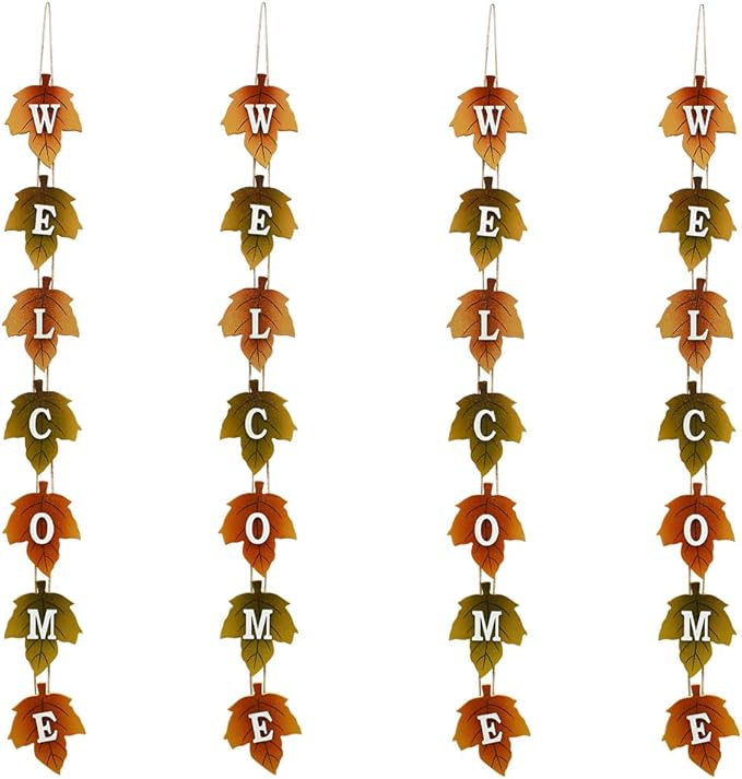 Wood Autumn Welcome Sign Fall Front Door Decor, Rustic Hanging Welcome Door Sign for Autumn Harvest Thanksgiving Halloween Door Wall Decoration Indoor Outdoor 4.25"X36" (4)