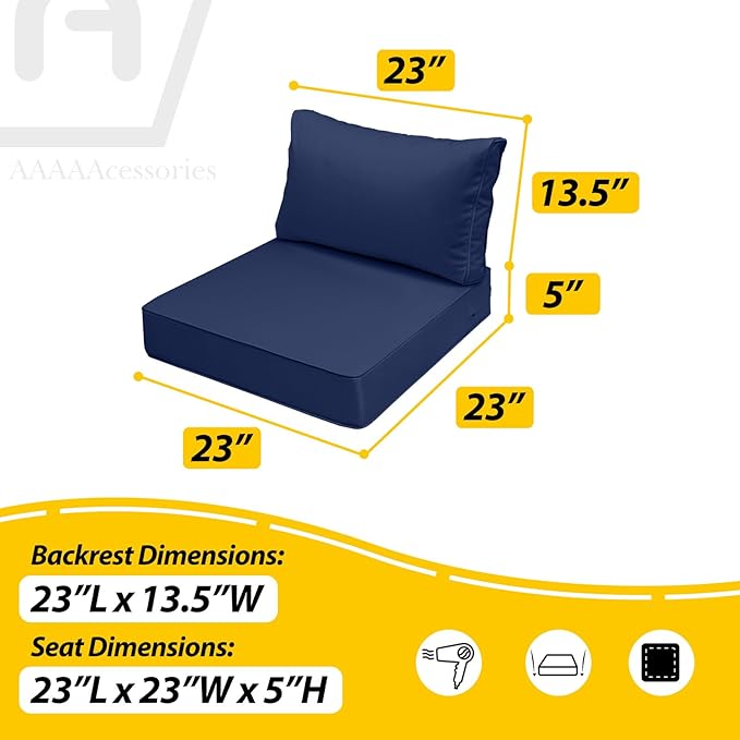 AAAAAcessories Outdoor Seat Cushions for Chairs, Fade-Resistant, Waterproof Patio Furniture Replacement Cushions, 23" x 23" x 5" + 23" x 13.5", Navy Blue