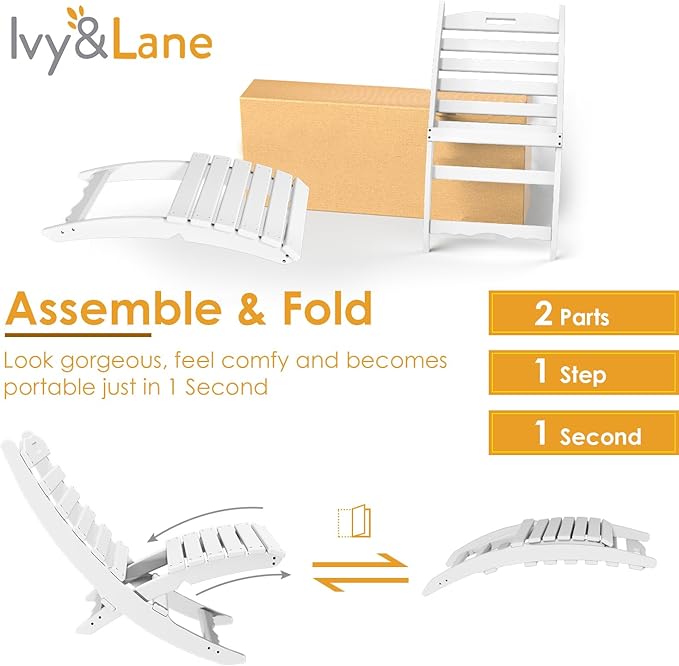 IVY&LANE Portable Xavier-Chairs Set of 2 | Folding-Adirondack-Chair | Wave | HDPE Plastic | White | All-Weather Resistant | for Outdoor Fire-Pit Patio Lawn Beach Poolside