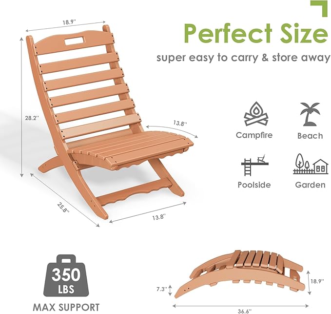 GREENVINES Folding-Xavier-Chairs Set of 4 | Wave | Portable Adirondack-Chair | HDPE Plastic | All Weather Fire-Pit Chair | Teak | for Beach Outdoor Deck Poolside Garden Patio Porch Fishing