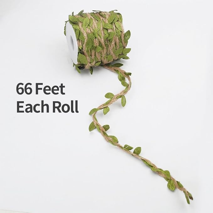 Tenn Well Burlap Leaf Ribbon, 66 Feet 5mm Natural Jute Twine Ribbon with Artificial Leaves for Crafts, Wedding, Jungle Safari Party, Baby Shower Decor, Home Decor