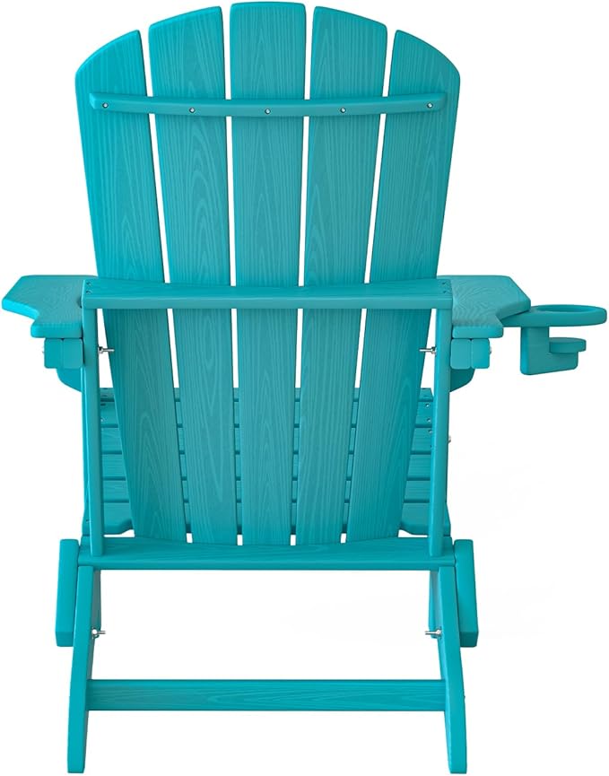 Plawdlik Folding Adirondack Chair Set of 6 with Cup Holder，Wooden Textured ，Heavy All-Weather HDPE Comfortable Set Poolside Backyard Lawn, Aruba Blue