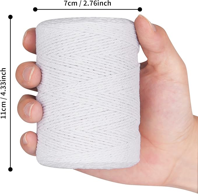 Ohtomber White Cotton Butchers Twine - 656 Feet 2MM Thick String, Natural Garden Gift Wrapping Kitchen Cooking Bakers Twine String Rope for Meat and Roasting, Crafts Gardening