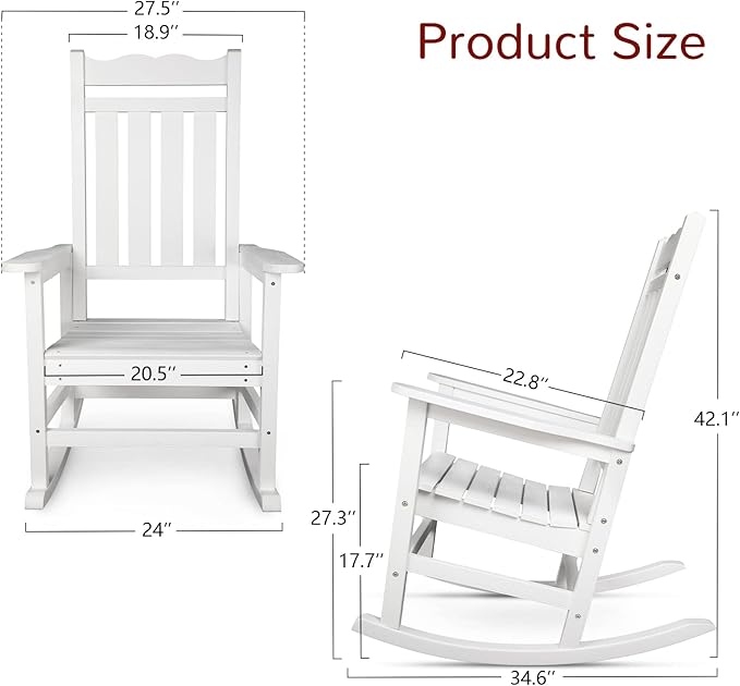 Stoog Set of 2 Outdoor Rocking Chairs, HIPS Plastic Porch Rocker with 400 lbs Weight Capacity, for Backyard, Fire Pit, Lawn, Garden and Indoor, White