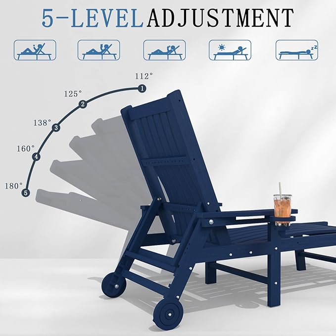 Patio Chaise Lounge Chair Set of 4, Oversized Lounge Chair Outdoor with 5 Positions, HDPE, Patio Lounge Chair with Wheels & Cup Holder for Pool, Deck, Poolside,Navy Blue