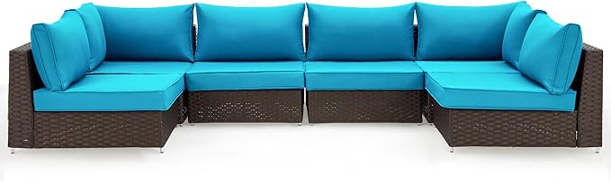 HOMREST Outdoor Replacement Cushions for Patio Furniture,Water-Repellent Sofa Cushion for 6-Seat Rattan Wicker Sectional Patio Conversation Sets,14-Piece Cushions Set for Outdoor Couch（Lake Blue）