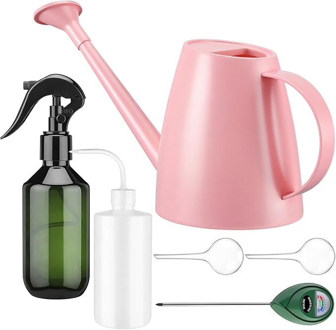 6 Pcs Indoor Watering Can Set 1/2 Gallon Can 6.8 oz Spray Bottle 17 oz Squeeze Bottle Plant Watering Globes Soil Moisture Meter Small Spraying Set for Indoor Outdoor Plants(Pink)