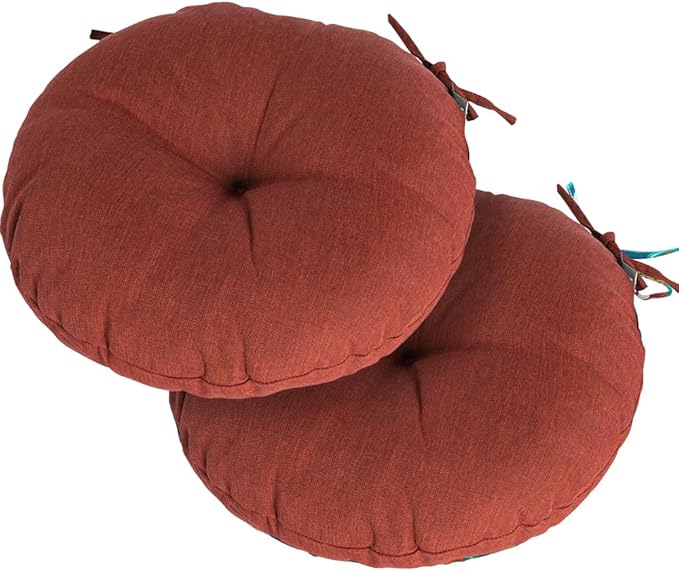 Magpie Fabrics Outdoor 15"x15"x4" Round Bistro Seat Cushions with Ties Set of 2, Tufted Waterproof Patio Floor Chair Pads for Home Garden Balcony Kitchen Office Porch, Dark Red