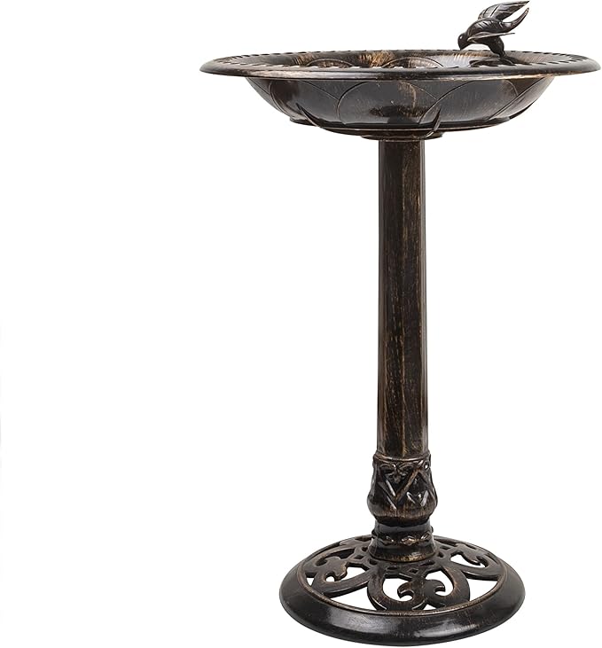 Alpine Corporation 27" Tall Outdoor Antique Pedestal Birdbath with Bird Statue Decor, Durable Polypropylene Construction, Bronze