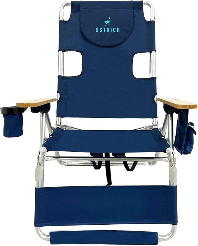 Ostrich Reclining Lounge Chair, Deluxe 3 in 1 Folding Outdoor Beach Lounger, Navy Blue - Compact and Portable Recliner for Pool Tanning, Lawn, Patio, and Yard