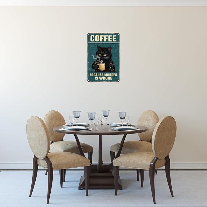 Cat Coffee Sign Aesthetic Decor - Cat Metal Tin Sign 12" x 8" - Vintage Coffee Bar Wall Art for Cat Lovers - Cute Cat Home Decor for Kitchen, Living Room Bathroom