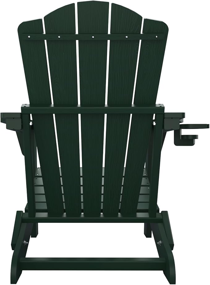 Folding Adirondack Chair,HDPE All-Weather Outdoor Chair with Cup Holder,Wooden Textured,Fire Pit Chair,Plastic Patio Chair for Deck,Backyard,Garden,Lawn(Green)