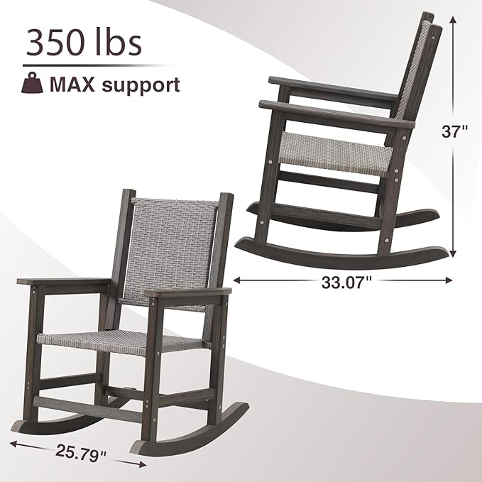 Rocking Chair Outdoor, Wicker Rocking Chair for Outside, Woven Seat & Back, All Weather Ratten Outdoor for Porch, Garden, Lawn, and Balcony (Dark)