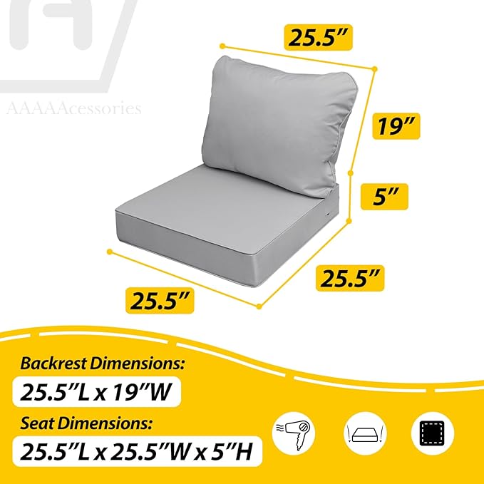 AAAAAcessories Outdoor Deep Seat Cushions, Waterproof, Fade-Resistant Patio Furniture Replacement Cushions, 25.5" x 25.5" x 5" + 25.5" x 19", Set of 4, Gray
