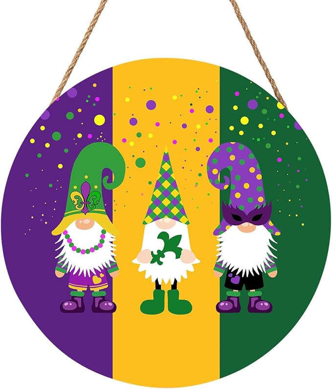 Mardi Gras Gnomes Door Sign For Front Door Decor,Purple Yellow Green Dot Wooden Sign 12"x 12" Round Wood Hanging Door Sign Decoration for Wall Rustic Farmhouse Decor
