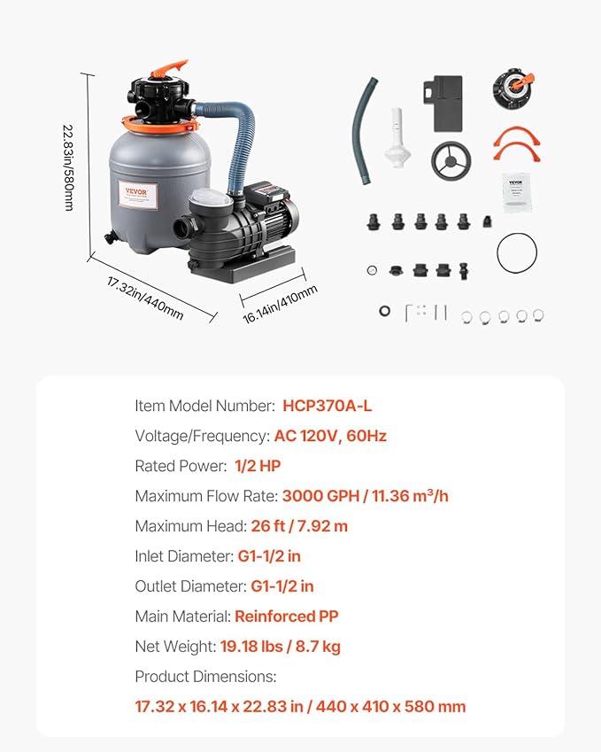 VEVOR Sand Filter Pump for Above Ground Pool, 12 in, 3000 GPH, 1/2 HP Swimming Pool Sand Filter Pump System, Krystal Clear with 6-Way Multi-Port Valve & Strainer Basket, Easy Installation for Pools