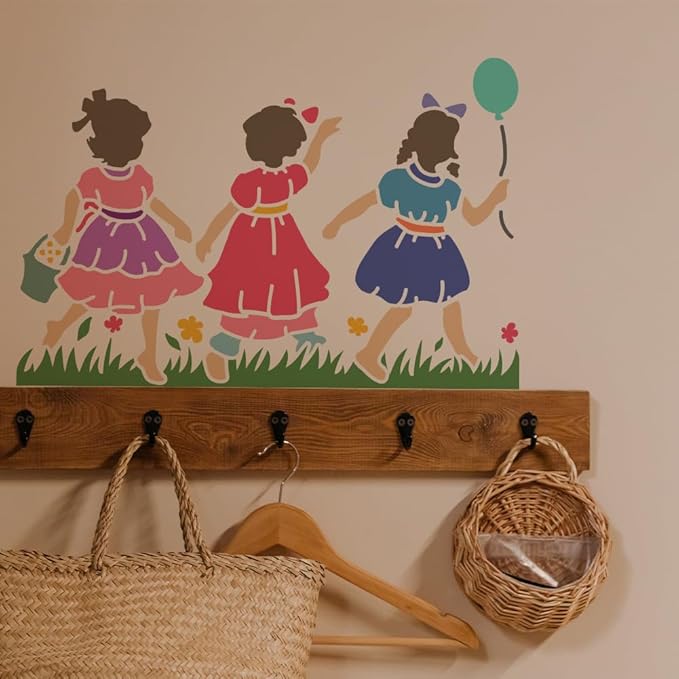 MAYJOYDIY Women's Playing On The Grass Stencil 11.7x8.3in 6 Dress Stencil Reusable Balloon Run Drawing Template With Paint Brush For Art Crafts Canvas Furniture