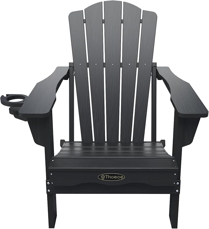 Folding Adirondack Chair,HDPE All-Weather Outdoor Chair with Cup Holder,Wooden Textured,Fire Pit Chair,Plastic Patio Chair for Deck,Backyard,Garden,Lawn(Black)