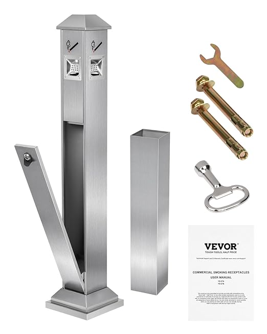 VEVOR Outdoor Trash Can, Weatherproof Lockable Trash Bin with Removable Inner Bucket, Freestanding Commercial Garbage Can, Butt Receptable for Garden, Office, Restaurant, Hotel, Silver