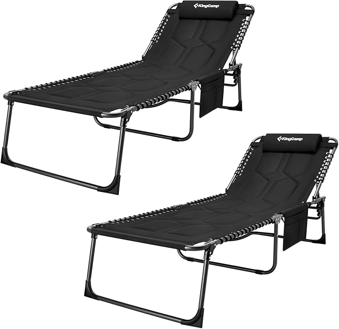 KingCamp Set of 2 Oversize Padded Folding Chaise Lounge Chair for Outdoor, Patio, Beach,Lawn, Sunbathing, Tanning, Pool, Lay Flat Heavy-Duty Adjustable Reclining Chairs with Pillow, Support 330lb