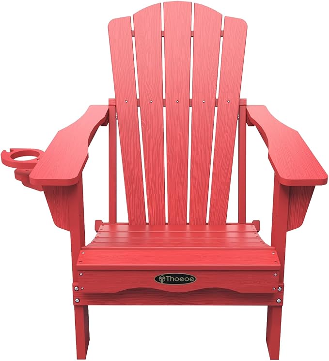 Folding Adirondack Chair Set of 8,HDPE All-Weather Outdoor Chair with Cup Holder,Wooden Textured,Fire Pit Chair,Plastic Patio Chair for Deck,Backyard,Garden,Lawn(Red)
