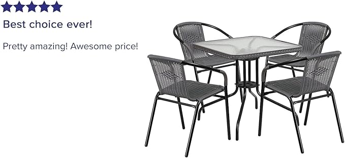 Flash Furniture 5-Piece 28" Square Indoor/Outdoor Patio Table and Chairs Set, Glass Metal Bistro Table and 4 Stacking Rattan Chairs, Gray